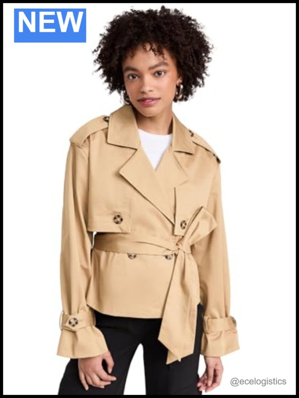 Cropped Trench Coat Cotton Stretch Double-Breasted Long Sleeve